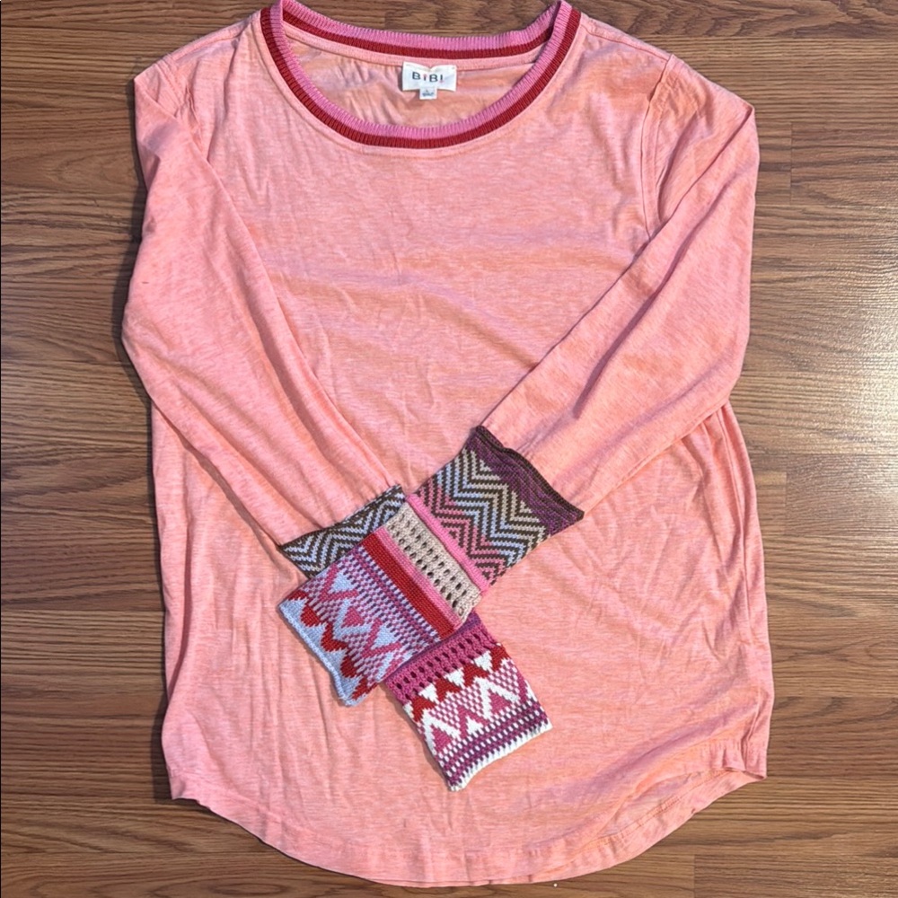 BiBi Relaxed Pink and Blue Graphic Tee with 3/4 Sleeves